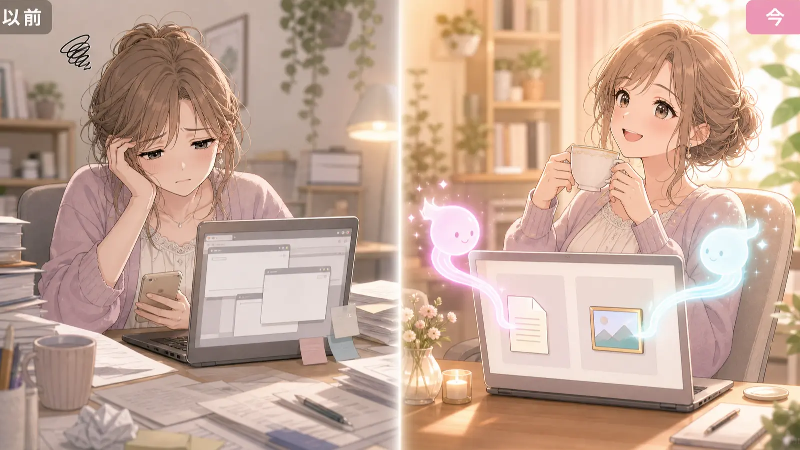 画像作りが以前は手作業で大変だった様子と、今はAIの妖精2体にお任せしてお茶を飲みながらくつろげるようになった様子を対比したイラスト
