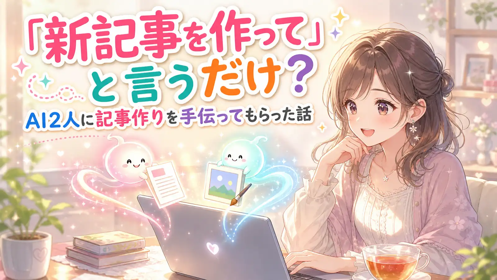 「新記事を作って」と言うだけでAIが調査・執筆・画像作りまで手伝ってくれることを表す、パステルアニメ風のイラスト。ノートPCに向かう女性と、文章と画像を届ける2つの光の妖精