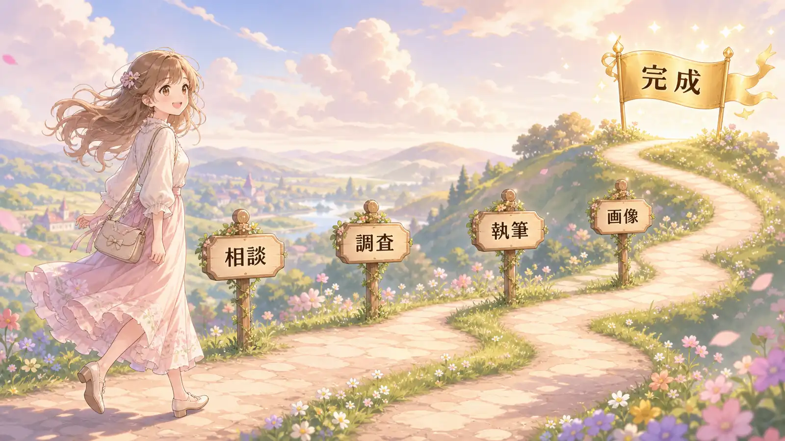 相談・調査・執筆・画像・完成という5つのステップを、一本道を歩く女性のイラストで表した図解