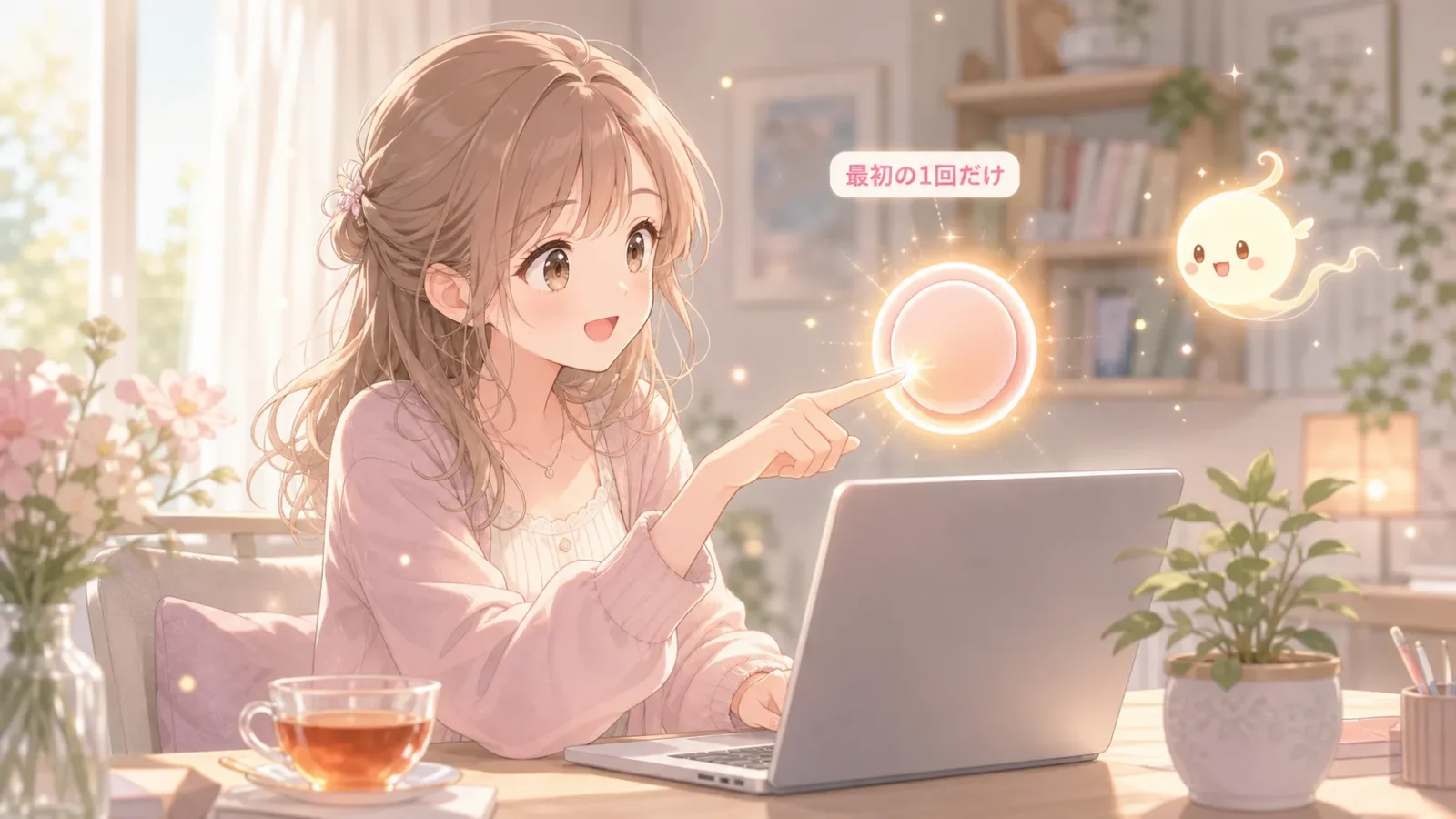 初めて使うサイトで、光る大きなボタンを一度だけ指で押している女性のイラスト。最初の1回だけ人の操作が必要なことを表す